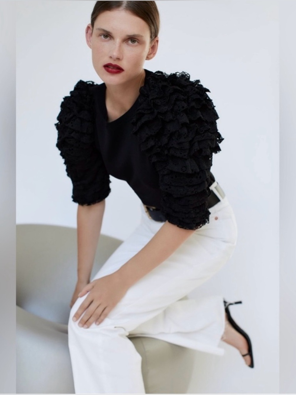 ZARA Black Ruffle Sleeve Top